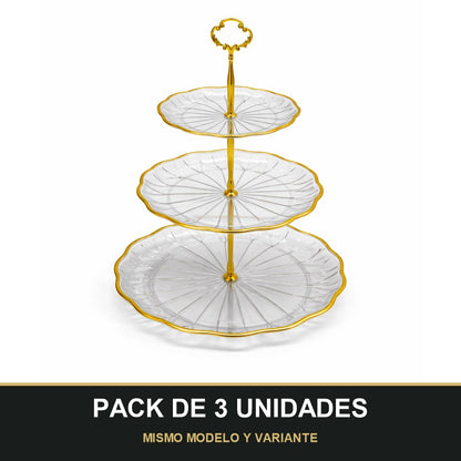 PACK DE 3 UNIDADES — Soporte de Postres 3 Niveles – Plástico con Detalles Dorados. MISMO MODELO Y VARIANTE