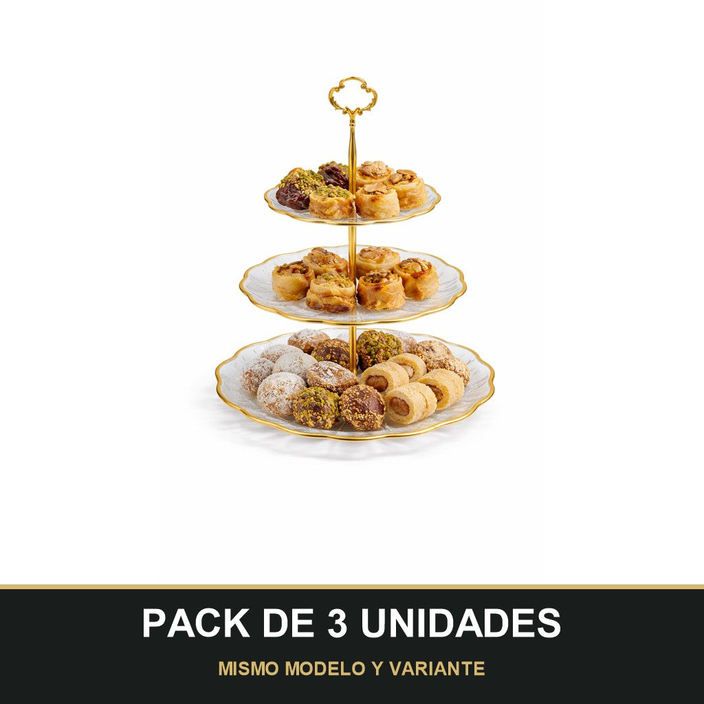 PACK DE 3 UNIDADES — Soporte de Postres 3 Niveles – Plástico con Detalles Dorados. MISMO MODELO Y VARIANTE