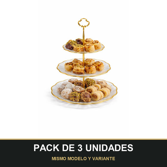 PACK DE 3 UNIDADES — Soporte de Postres 3 Niveles – Plástico con Detalles Dorados. MISMO MODELO Y VARIANTE