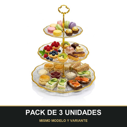 PACK DE 3 UNIDADES — Soporte de Postres 3 Niveles – Plástico con Detalles Dorados. MISMO MODELO Y VARIANTE