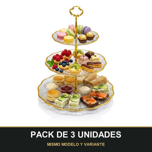 PACK DE 3 UNIDADES — Soporte de Postres 3 Niveles – Plástico con Detalles Dorados. MISMO MODELO Y VARIANTE
