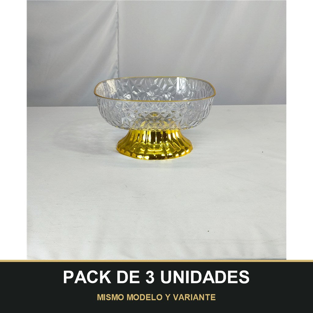 PACK DE 3 UNIDADES — Frutero de PLÁSTICO Tallado con Base Dorada – Centro de Mesa Elegante. MISMO MODELO Y VARIANTE
