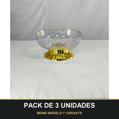 PACK DE 3 UNIDADES — Frutero de PLÁSTICO Tallado con Base Dorada – Centro de Mesa Elegante. MISMO MODELO Y VARIANTE