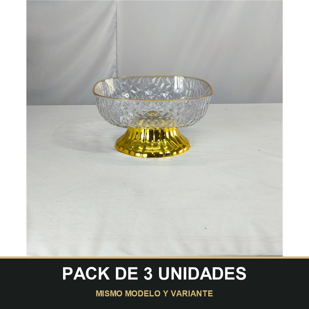 PACK DE 3 UNIDADES — Frutero de PLÁSTICO Tallado con Base Dorada – Centro de Mesa Elegante. MISMO MODELO Y VARIANTE
