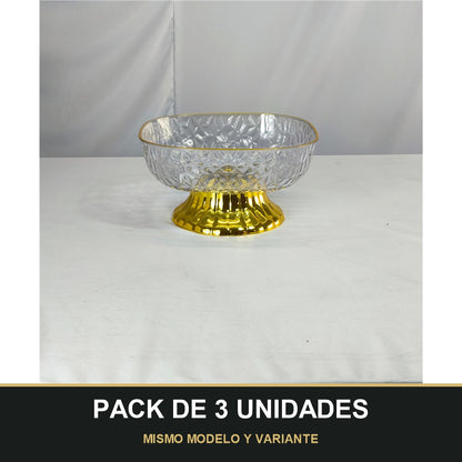 PACK DE 3 UNIDADES — Frutero de PLÁSTICO Tallado con Base Dorada – Centro de Mesa Elegante. MISMO MODELO Y VARIANTE