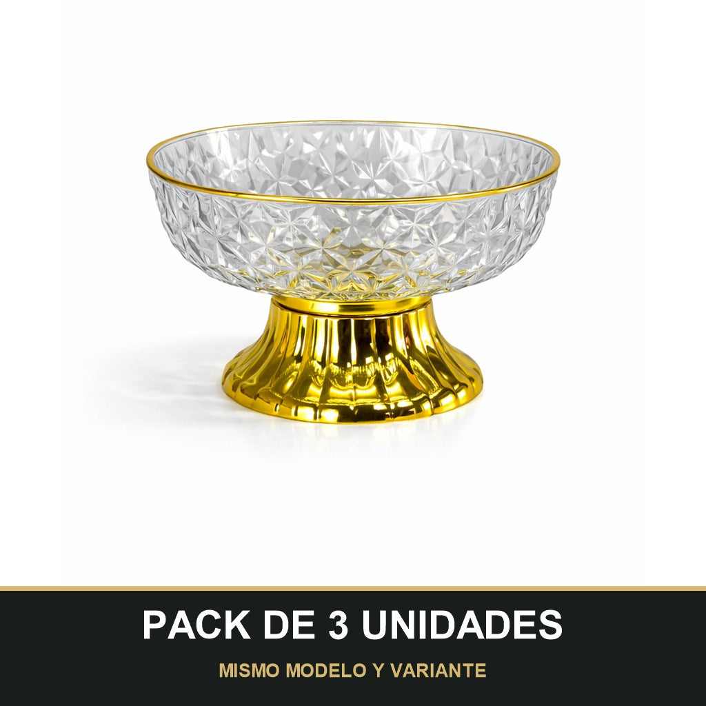PACK DE 3 UNIDADES — Frutero de PLÁSTICO Tallado con Base Dorada – Centro de Mesa Elegante. MISMO MODELO Y VARIANTE