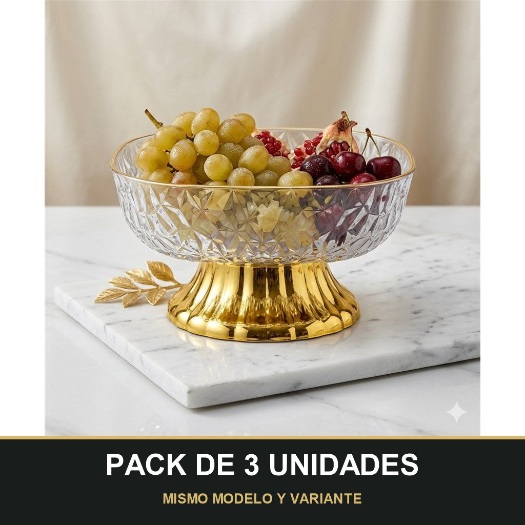 PACK DE 3 UNIDADES — Frutero de PLÁSTICO Tallado con Base Dorada – Centro de Mesa Elegante. MISMO MODELO Y VARIANTE