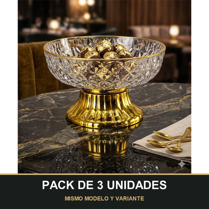 PACK DE 3 UNIDADES — Frutero de PLÁSTICO Tallado con Base Dorada – Centro de Mesa Elegante. MISMO MODELO Y VARIANTE