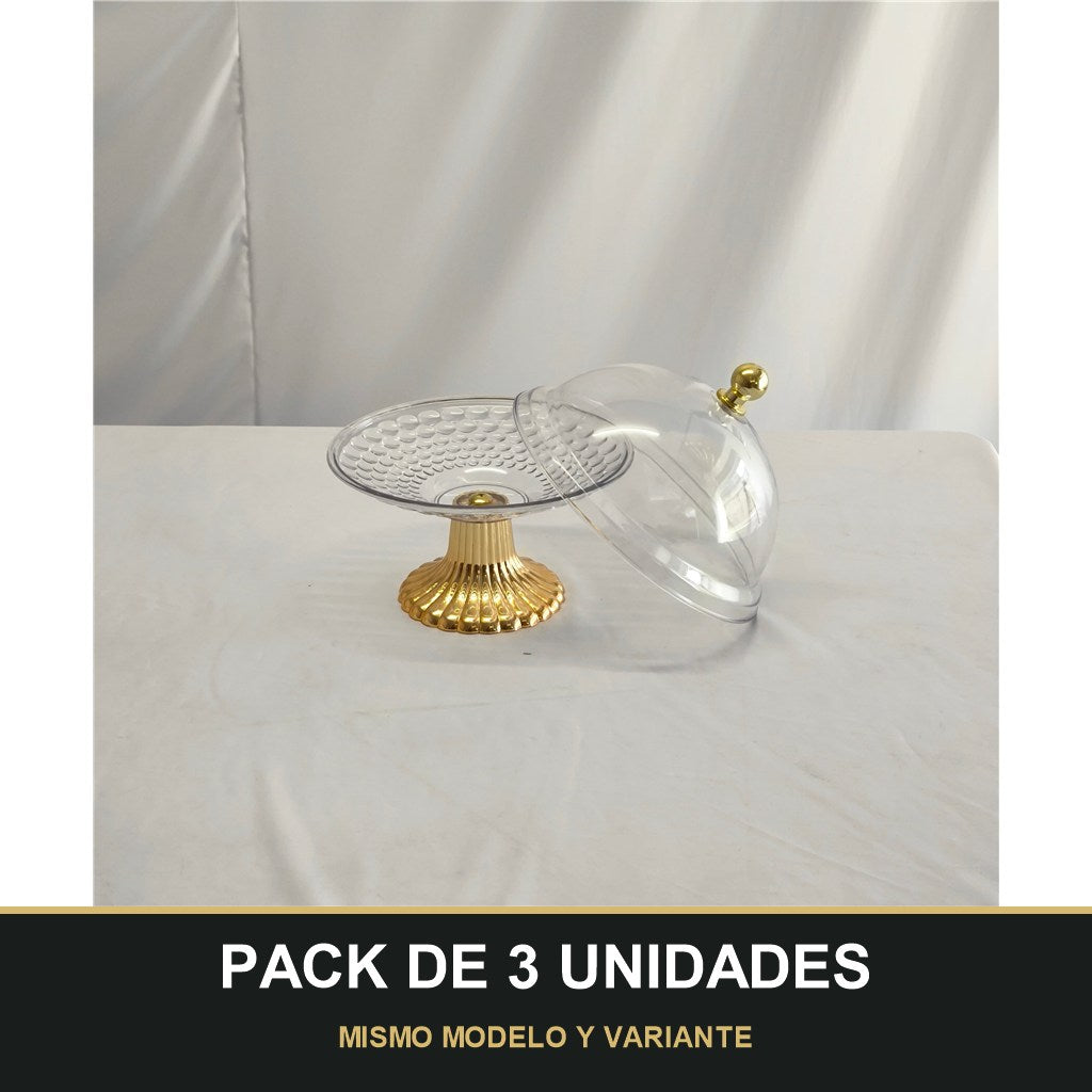 PACK DE 3 UNIDADES — Campana Decorativa de Plástico Transparente con Base Dorada – Estilo Elegante. MISMO MODELO Y VARIANTE