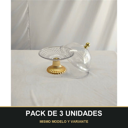 PACK DE 3 UNIDADES — Campana Decorativa de Plástico Transparente con Base Dorada – Estilo Elegante. MISMO MODELO Y VARIANTE
