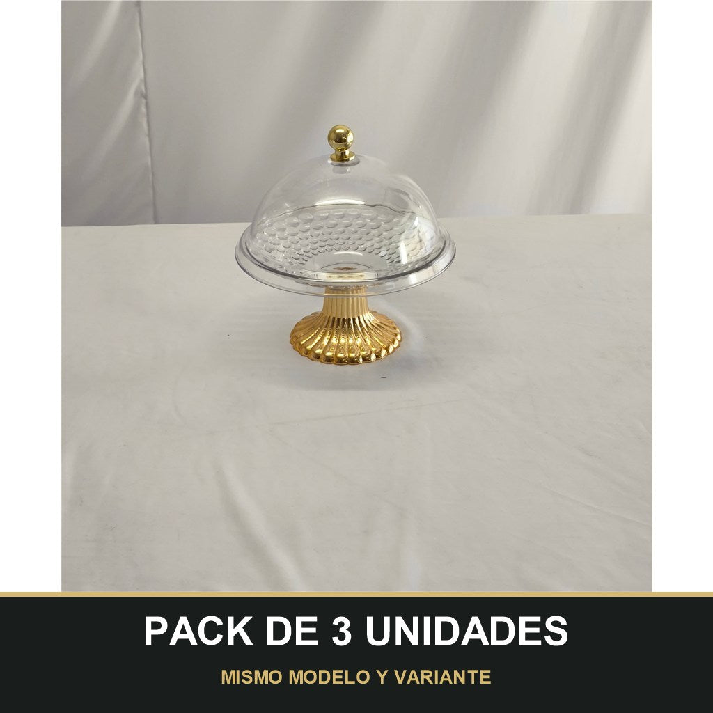 PACK DE 3 UNIDADES — Campana Decorativa de Plástico Transparente con Base Dorada – Estilo Elegante. MISMO MODELO Y VARIANTE