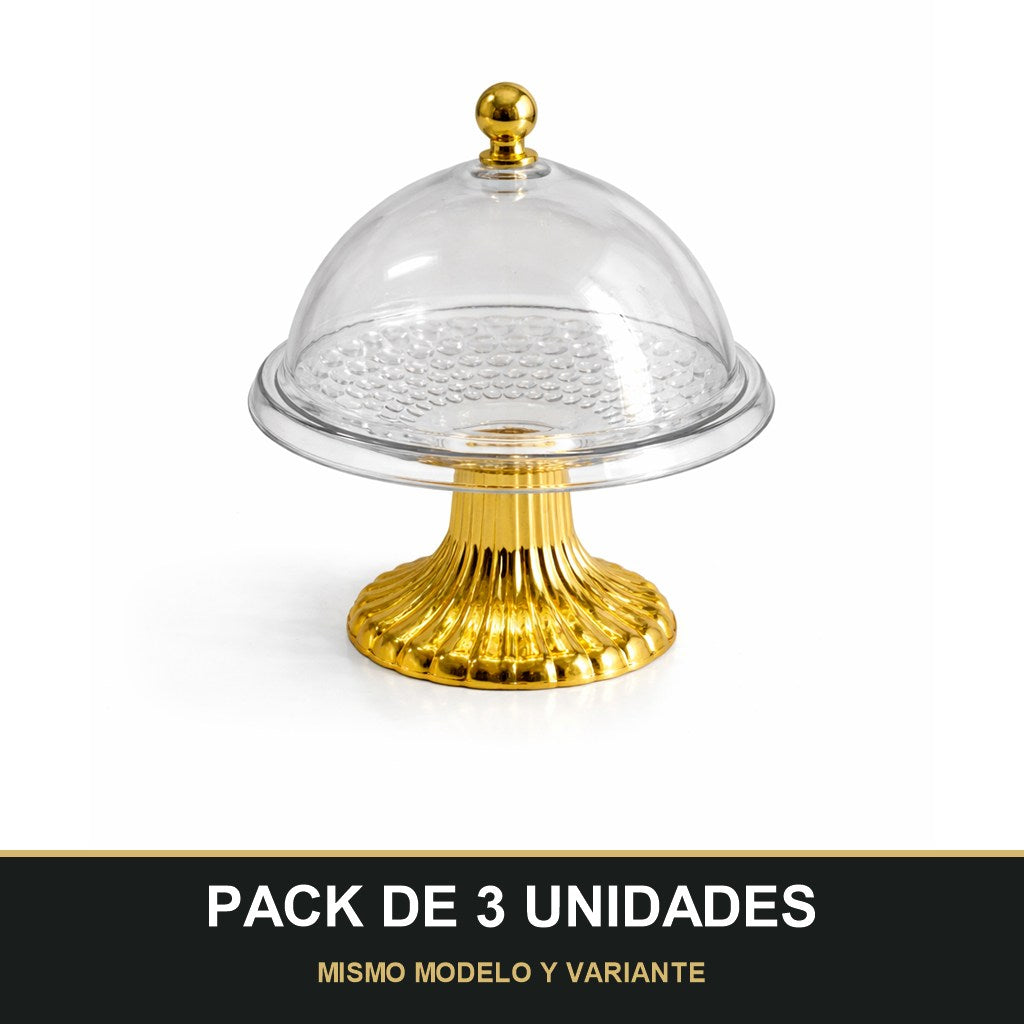 PACK DE 3 UNIDADES — Campana Decorativa de Plástico Transparente con Base Dorada – Estilo Elegante. MISMO MODELO Y VARIANTE