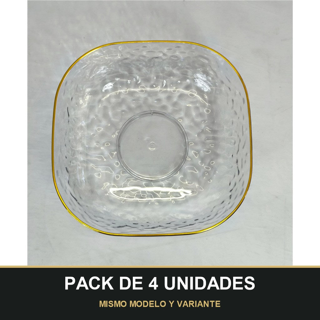 PACK DE 4 UNIDADES — Cuenco de Plástico Transparente con Borde Dorado – Efecto Vidrio. MISMO MODELO Y VARIANTE