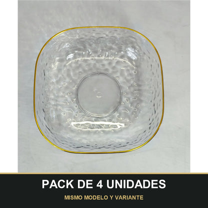 PACK DE 4 UNIDADES — Cuenco de Plástico Transparente con Borde Dorado – Efecto Vidrio. MISMO MODELO Y VARIANTE