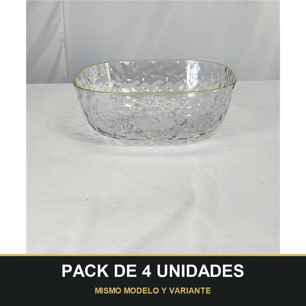 PACK DE 4 UNIDADES — Cuenco de Plástico Transparente con Borde Dorado – Efecto Vidrio. MISMO MODELO Y VARIANTE