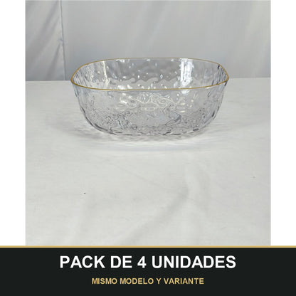 PACK DE 4 UNIDADES — Cuenco de Plástico Transparente con Borde Dorado – Efecto Vidrio. MISMO MODELO Y VARIANTE