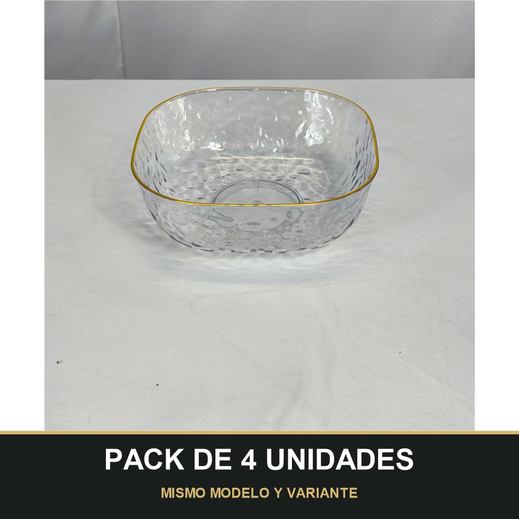 PACK DE 4 UNIDADES — Cuenco de Plástico Transparente con Borde Dorado – Efecto Vidrio. MISMO MODELO Y VARIANTE