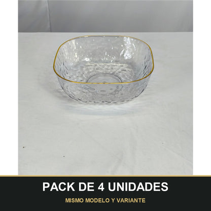 PACK DE 4 UNIDADES — Cuenco de Plástico Transparente con Borde Dorado – Efecto Vidrio. MISMO MODELO Y VARIANTE
