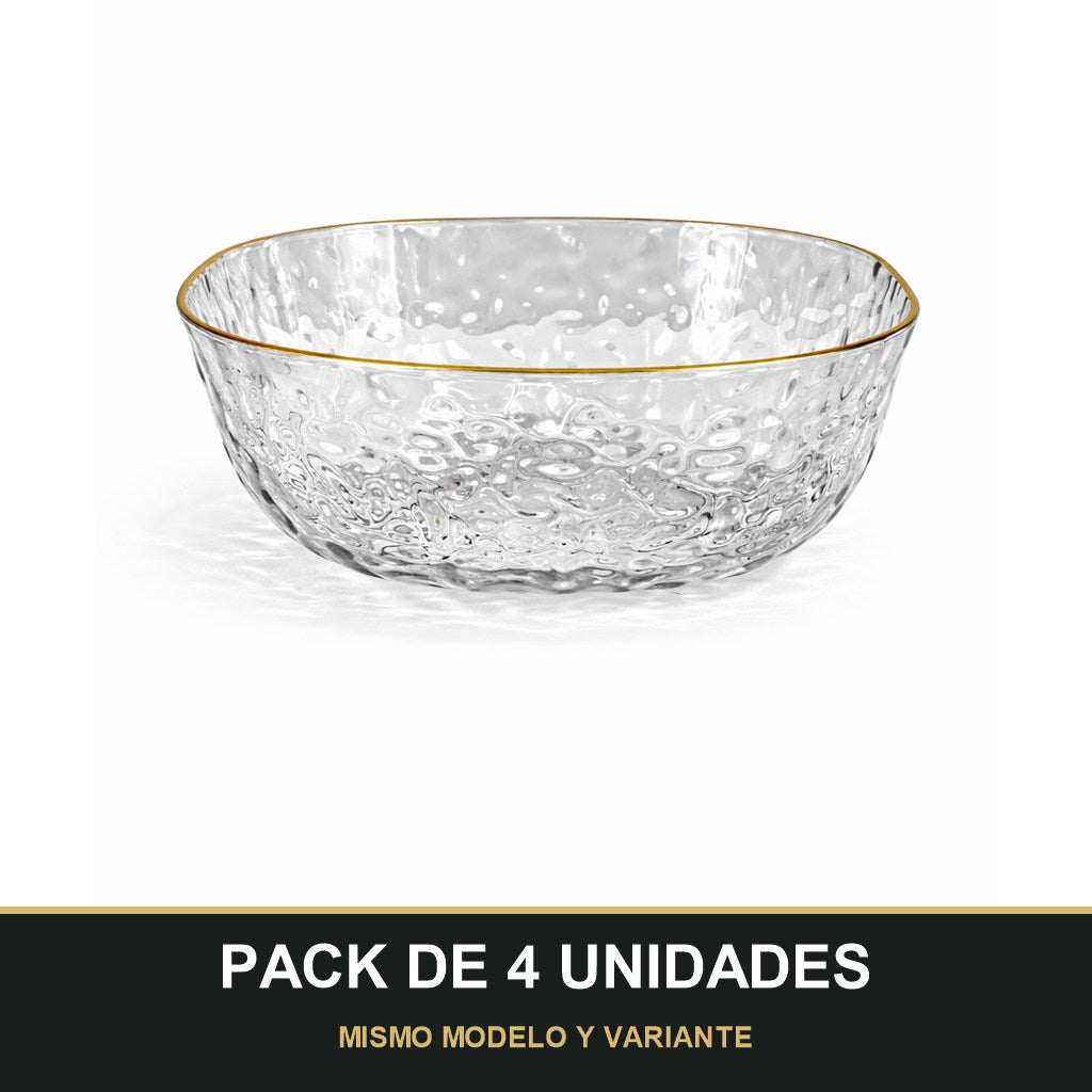 PACK DE 4 UNIDADES — Cuenco de Plástico Transparente con Borde Dorado – Efecto Vidrio. MISMO MODELO Y VARIANTE