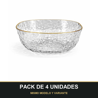 PACK DE 4 UNIDADES — Cuenco de Plástico Transparente con Borde Dorado – Efecto Vidrio. MISMO MODELO Y VARIANTE