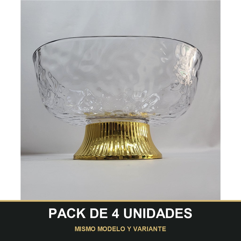 PACK DE 4 UNIDADES — Cuenco de Plástico Transparente con Borde Dorado – Efecto Vidrio. MISMO MODELO Y VARIANTE