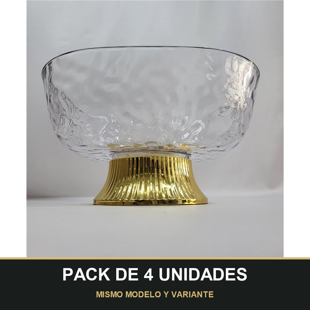 PACK DE 4 UNIDADES — Cuenco de Plástico Transparente con Borde Dorado – Efecto Vidrio. MISMO MODELO Y VARIANTE