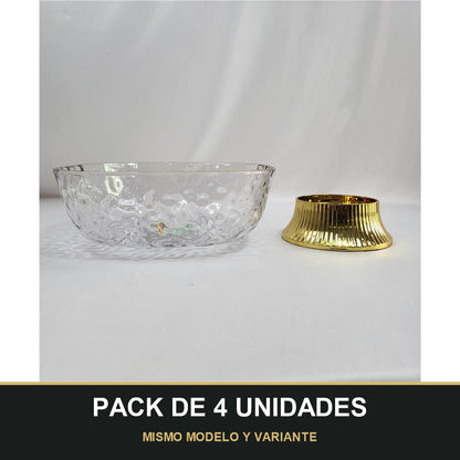 PACK DE 4 UNIDADES — Cuenco de Plástico Transparente con Borde Dorado – Efecto Vidrio. MISMO MODELO Y VARIANTE