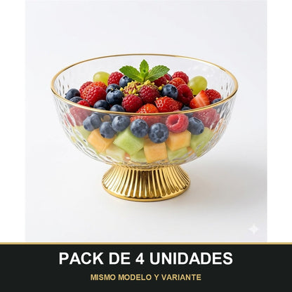 PACK DE 4 UNIDADES — Cuenco de Plástico Transparente con Borde Dorado – Efecto Vidrio. MISMO MODELO Y VARIANTE