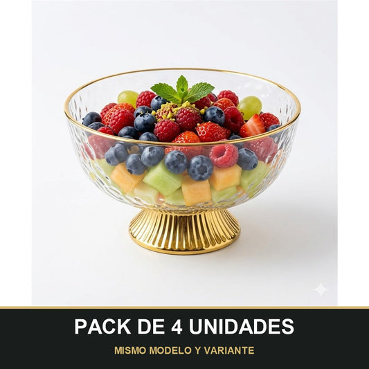 PACK DE 4 UNIDADES — Cuenco de Plástico Transparente con Borde Dorado – Efecto Vidrio. MISMO MODELO Y VARIANTE