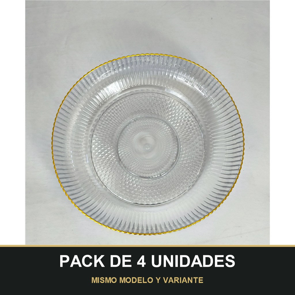 PACK DE 4 UNIDADES — Cuenco de Plástico Transparente Estriado con Borde Dorado – Diseño Elegante. MISMO MODELO Y VARIANTE