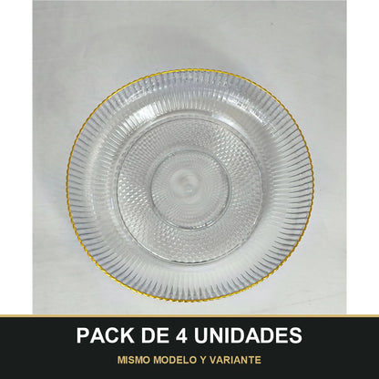 PACK DE 4 UNIDADES — Cuenco de Plástico Transparente Estriado con Borde Dorado – Diseño Elegante. MISMO MODELO Y VARIANTE