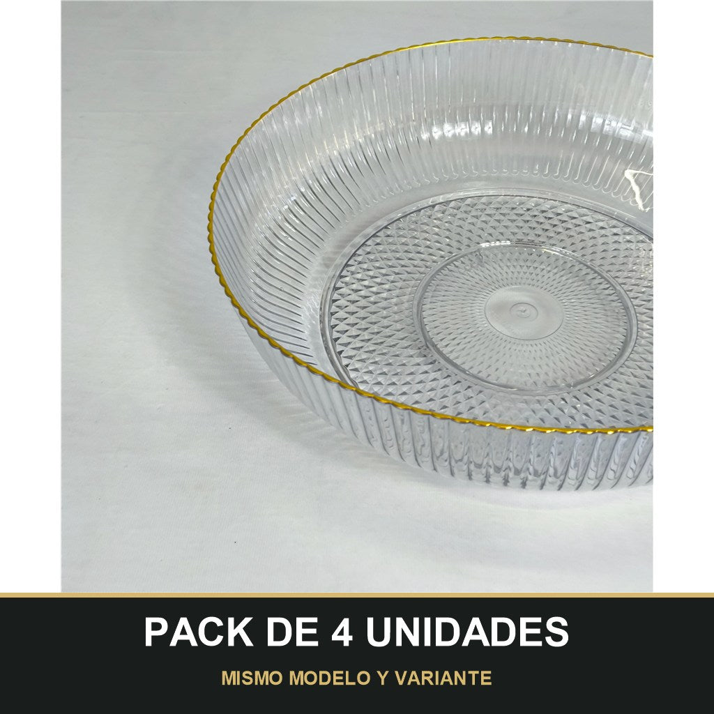 PACK DE 4 UNIDADES — Cuenco de Plástico Transparente Estriado con Borde Dorado – Diseño Elegante. MISMO MODELO Y VARIANTE