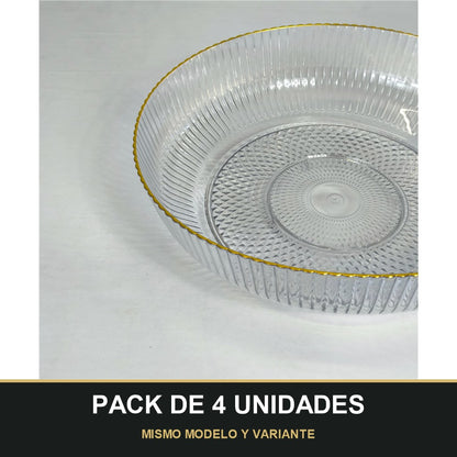 PACK DE 4 UNIDADES — Cuenco de Plástico Transparente Estriado con Borde Dorado – Diseño Elegante. MISMO MODELO Y VARIANTE