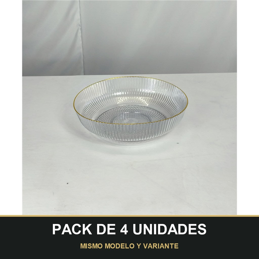 PACK DE 4 UNIDADES — Cuenco de Plástico Transparente Estriado con Borde Dorado – Diseño Elegante. MISMO MODELO Y VARIANTE