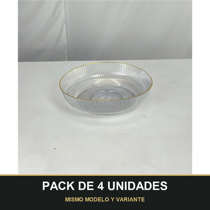 PACK DE 4 UNIDADES — Cuenco de Plástico Transparente Estriado con Borde Dorado – Diseño Elegante. MISMO MODELO Y VARIANTE