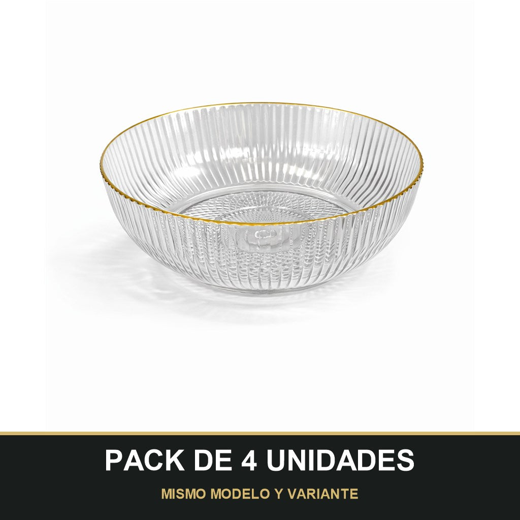 PACK DE 4 UNIDADES — Cuenco de Plástico Transparente Estriado con Borde Dorado – Diseño Elegante. MISMO MODELO Y VARIANTE