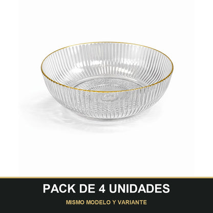PACK DE 4 UNIDADES — Cuenco de Plástico Transparente Estriado con Borde Dorado – Diseño Elegante. MISMO MODELO Y VARIANTE