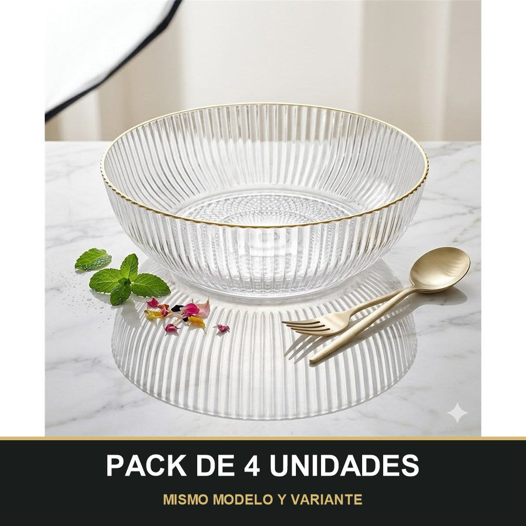 PACK DE 4 UNIDADES — Cuenco de Plástico Transparente Estriado con Borde Dorado – Diseño Elegante. MISMO MODELO Y VARIANTE
