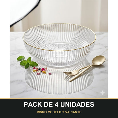 PACK DE 4 UNIDADES — Cuenco de Plástico Transparente Estriado con Borde Dorado – Diseño Elegante. MISMO MODELO Y VARIANTE