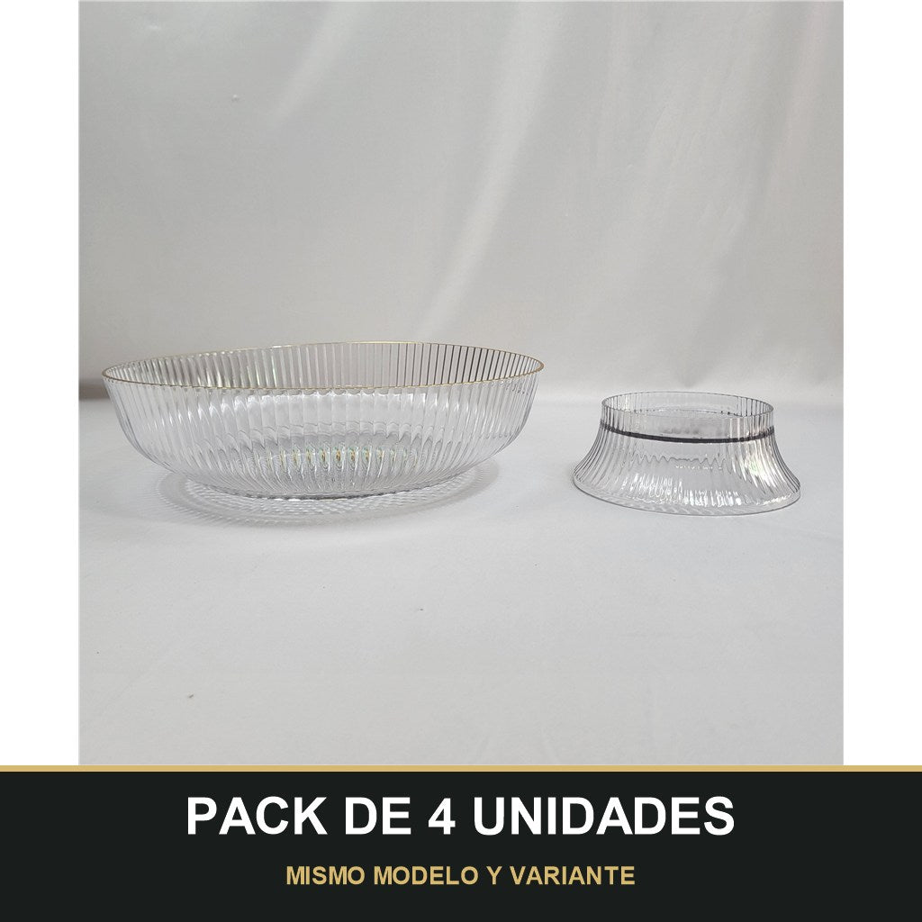 PACK DE 4 UNIDADES — Cuenco de Plástico Transparente Estriado con Borde Dorado – Diseño Elegante. MISMO MODELO Y VARIANTE