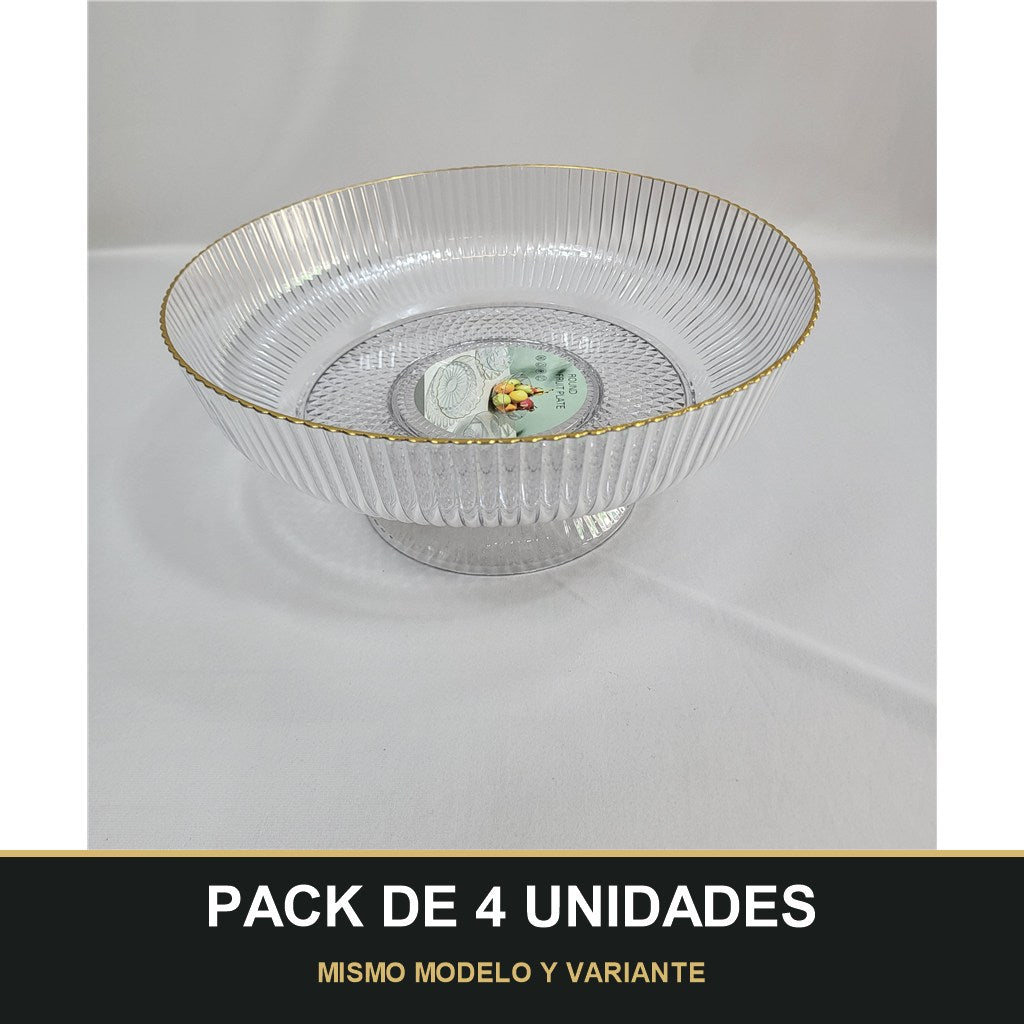 PACK DE 4 UNIDADES — Cuenco de Plástico Transparente Estriado con Borde Dorado – Diseño Elegante. MISMO MODELO Y VARIANTE