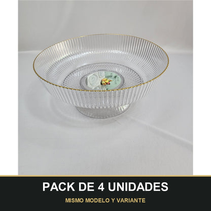 PACK DE 4 UNIDADES — Cuenco de Plástico Transparente Estriado con Borde Dorado – Diseño Elegante. MISMO MODELO Y VARIANTE