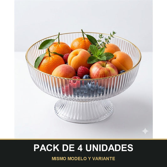 PACK DE 4 UNIDADES — Cuenco de Plástico Transparente Estriado con Borde Dorado – Diseño Elegante. MISMO MODELO Y VARIANTE