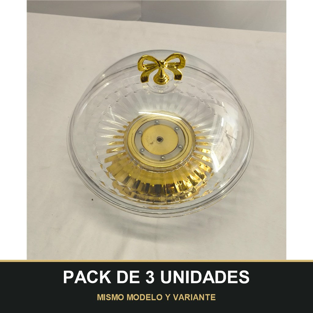 PACK DE 3 UNIDADES — Plato con Campana de Plástico y Base Dorada con Lazo – Presentación Premium. MISMO MODELO Y VARIANTE