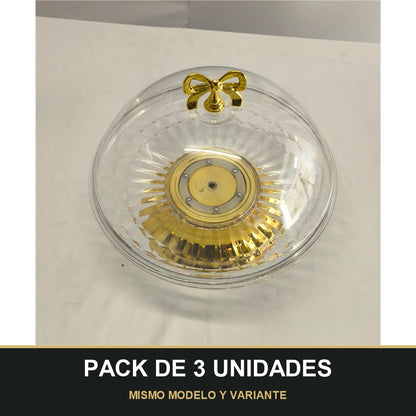 PACK DE 3 UNIDADES — Plato con Campana de Plástico y Base Dorada con Lazo – Presentación Premium. MISMO MODELO Y VARIANTE