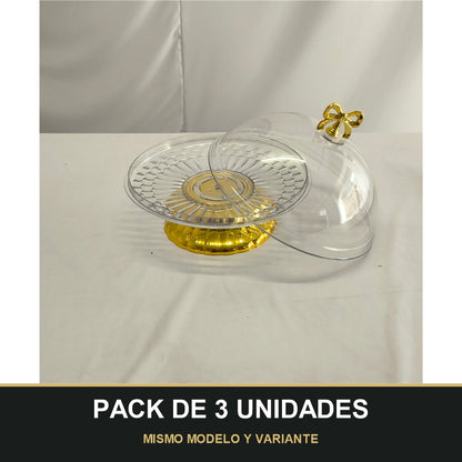 PACK DE 3 UNIDADES — Plato con Campana de Plástico y Base Dorada con Lazo – Presentación Premium. MISMO MODELO Y VARIANTE