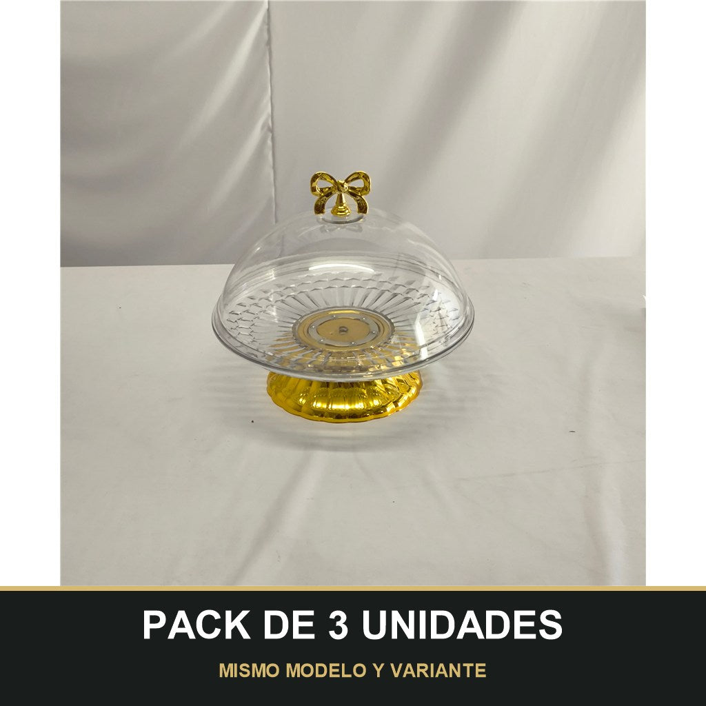 PACK DE 3 UNIDADES — Plato con Campana de Plástico y Base Dorada con Lazo – Presentación Premium. MISMO MODELO Y VARIANTE