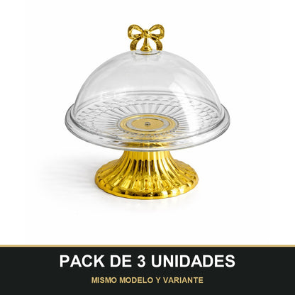 PACK DE 3 UNIDADES — Plato con Campana de Plástico y Base Dorada con Lazo – Presentación Premium. MISMO MODELO Y VARIANTE