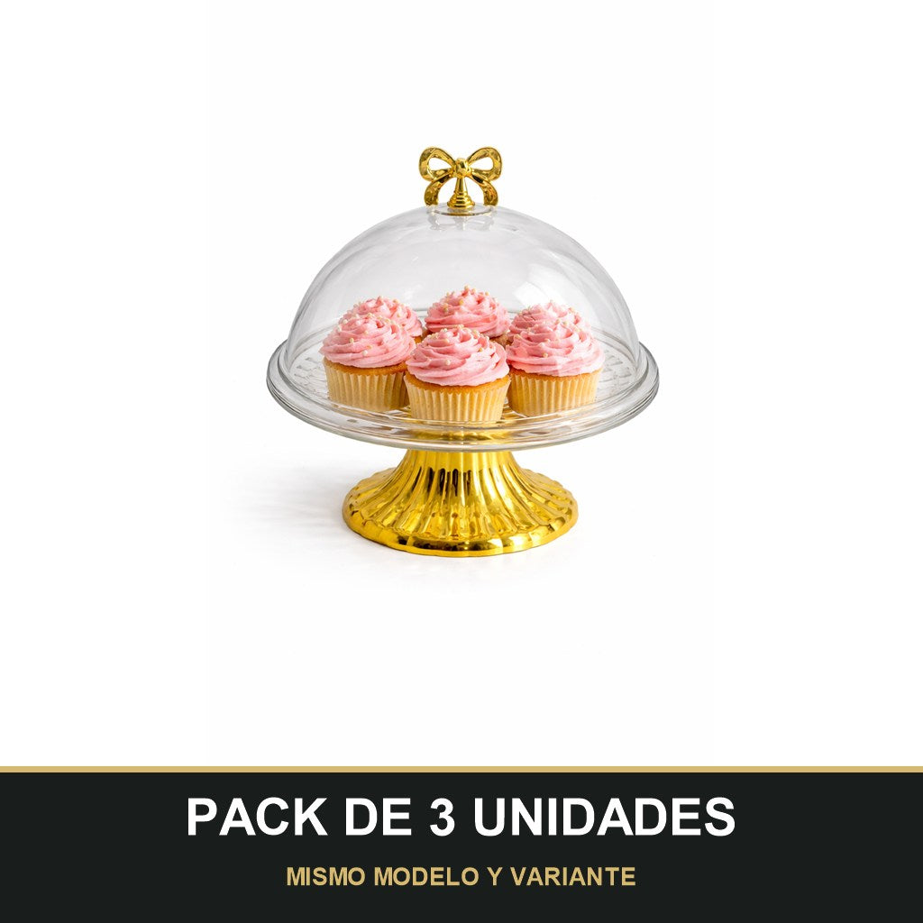 PACK DE 3 UNIDADES — Plato con Campana de Plástico y Base Dorada con Lazo – Presentación Premium. MISMO MODELO Y VARIANTE
