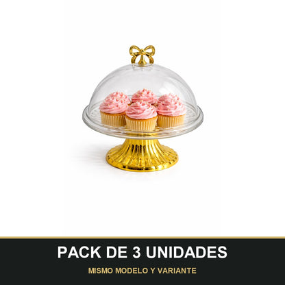 PACK DE 3 UNIDADES — Plato con Campana de Plástico y Base Dorada con Lazo – Presentación Premium. MISMO MODELO Y VARIANTE